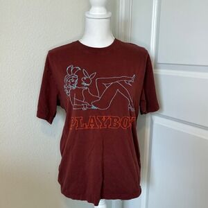 Playboy by PacSun Mens Graphic T-Shirt Burgundy Embroidered Bunny Girl Small